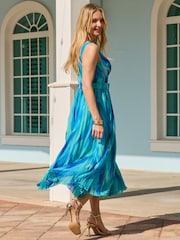 Sosandar Blue Petite Floral Print Belted Pleated Fit & Flare Dress - Image 5 of 5