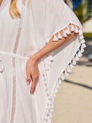 Sosandar White Lace Insert Tie Waist Crinkle Kaftan - Image 5 of 5