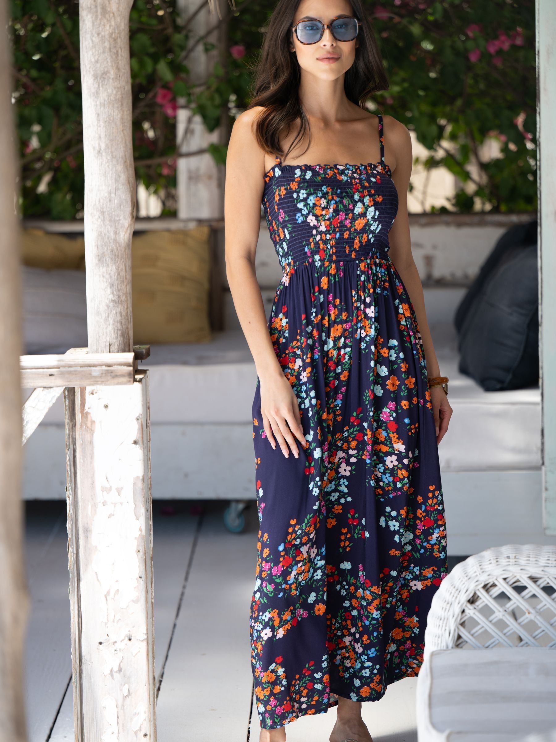 Buy Pour Moi Navy Multi Floral Emma Strapless Shirred Bodice Woven