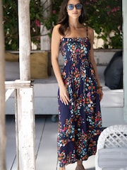 Pour Moi Navy Multi Floral Emma Strapless Shirred Bodice Woven Maxi Beach Dress - Image 1 of 4