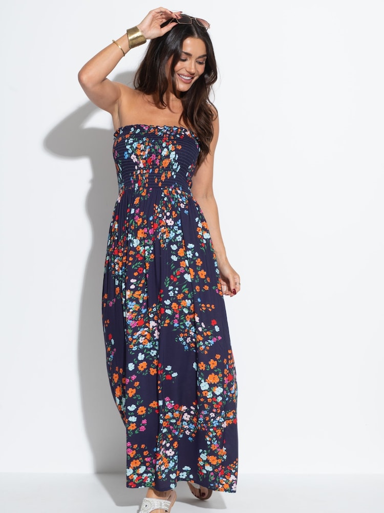 Pour Moi Navy Multi Floral Emma Strapless Shirred Bodice Woven Maxi Beach Dress - Image 2 of 4