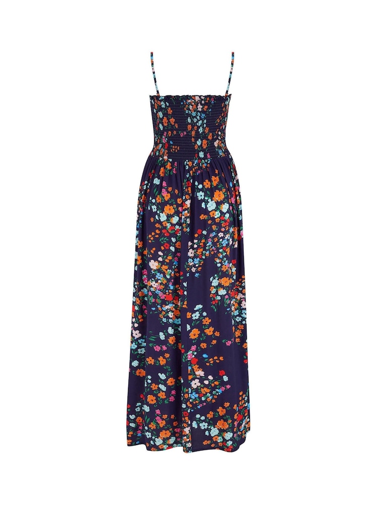 Pour Moi Navy Multi Floral Emma Strapless Shirred Bodice Woven Maxi Beach Dress - Image 4 of 4