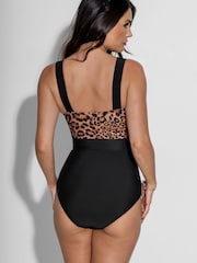 Pour Moi Black/Leopard Palm Springs Colour Block Tummy Control Swimsuit - Image 2 of 4