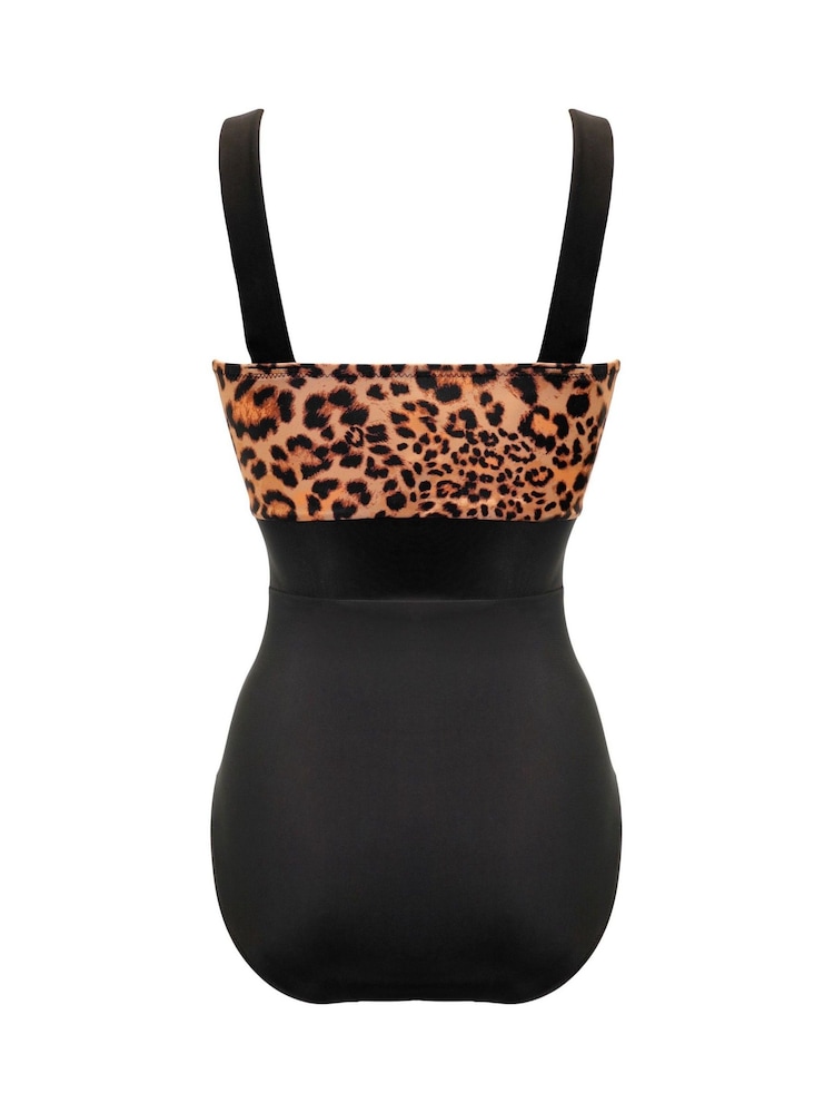 Pour Moi Black/Leopard Palm Springs Colour Block Tummy Control Swimsuit - Image 4 of 4
