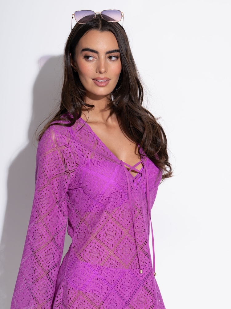 Pour Moi Ultraviolet Free Spirit Crochet Lace Long Sleeve Beach Cover Up - Image 2 of 4