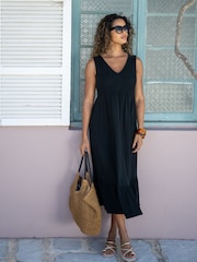 Pour Moi Black Crochet Bodice Cotton Slub Midi Dress - Image 1 of 4