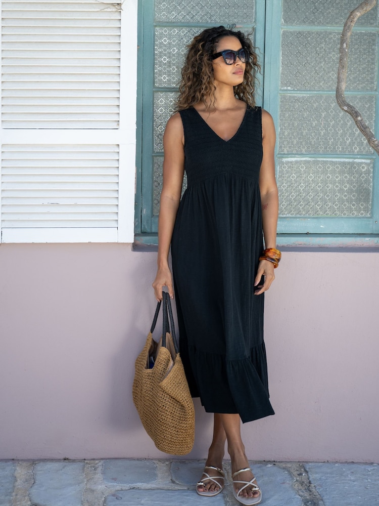 Pour Moi Black Crochet Bodice Cotton Slub Midi Dress - Image 1 of 4