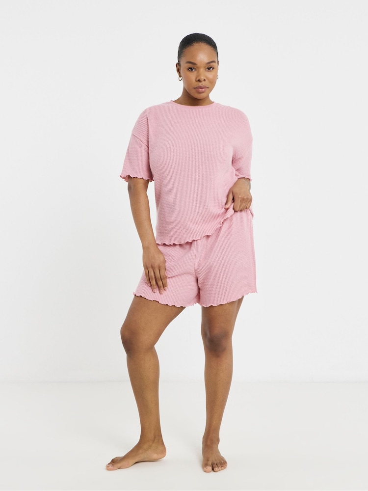 Simply Be Pink Waffle Lounge Shorts Set - Image 1 of 4