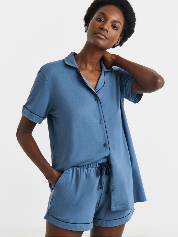 Simply Be Blue Pretty Secrets Shortie Revere Pyjamas Set - Image 1 of 4