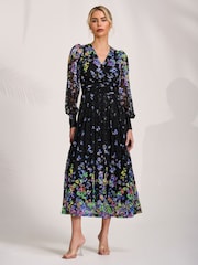 Jolie Moi Blue Long Sleeve Printed Lace Maxi Dress - Image 1 of 6