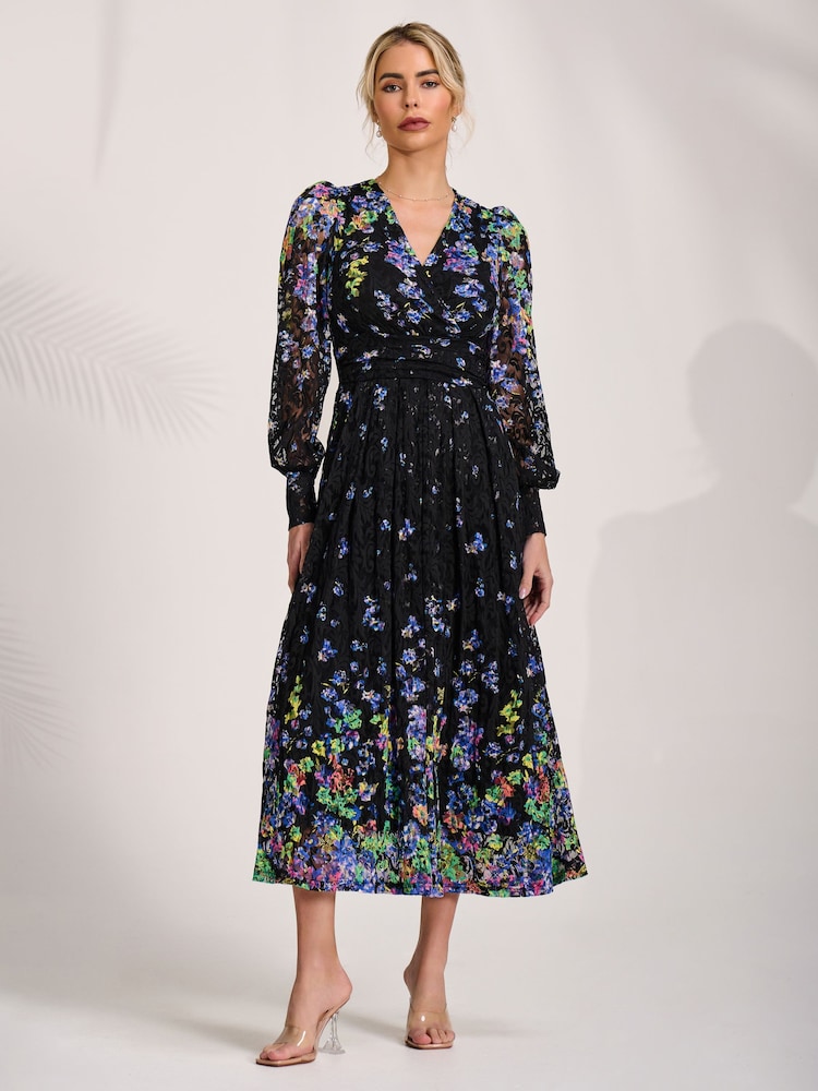 Jolie Moi Blue Long Sleeve Printed Lace Maxi Dress - Image 1 of 6 Jolie Moi Blue Long Sleeve Printed Lace Maxi Dress - Image 1 of 6