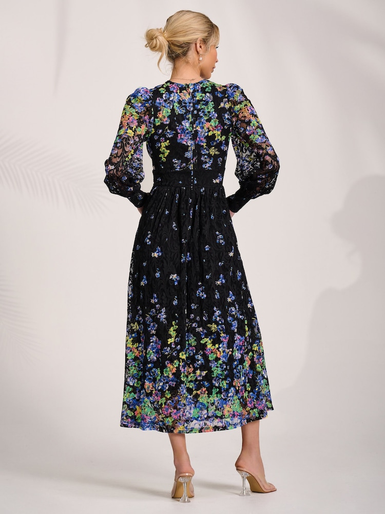 Jolie Moi Blue Long Sleeve Printed Lace Maxi Dress - Image 2 of 6 Jolie Moi Blue Long Sleeve Printed Lace Maxi Dress - Image 2 of 6