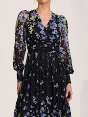 Jolie Moi Blue Long Sleeve Printed Lace Maxi Dress - Image 3 of 6