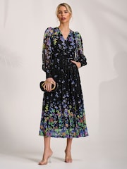 Jolie Moi Blue Long Sleeve Printed Lace Maxi Dress - Image 4 of 6