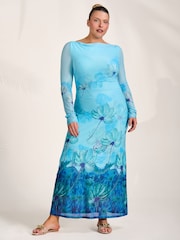 Jolie Moi Blue Long Sleeve Slash Neck Mesh Maxi Dress - Image 1 of 6