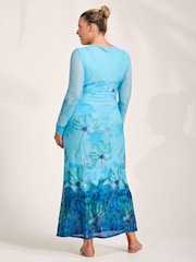 Jolie Moi Blue Long Sleeve Slash Neck Mesh Maxi Dress - Image 2 of 6