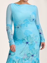 Jolie Moi Blue Long Sleeve Slash Neck Mesh Maxi Dress - Image 3 of 6