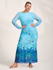 Jolie Moi Blue Long Sleeve Slash Neck Mesh Maxi Dress - Image 4 of 6