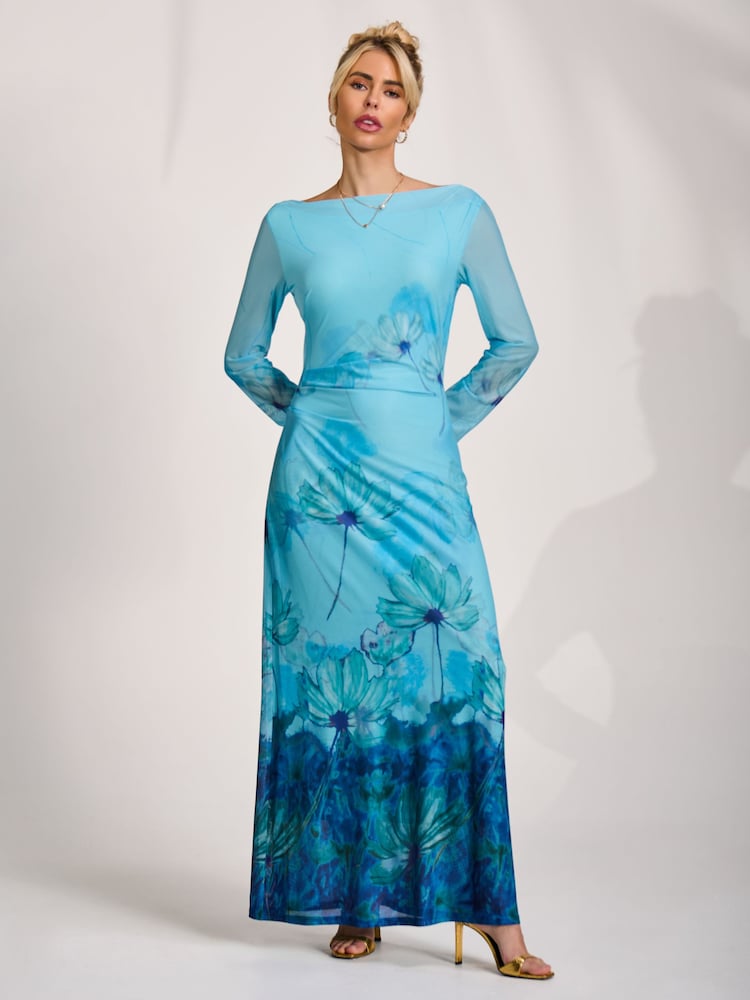 Jolie Moi Blue Long Sleeve Slash Neck Mesh Maxi Dress - Image 4 of 4 Jolie Moi Blue Long Sleeve Slash Neck Mesh Maxi Dress - Image 4 of 4
