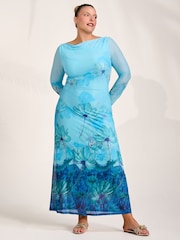 Jolie Moi Blue Long Sleeve Slash Neck Mesh Maxi Dress - Image 5 of 6