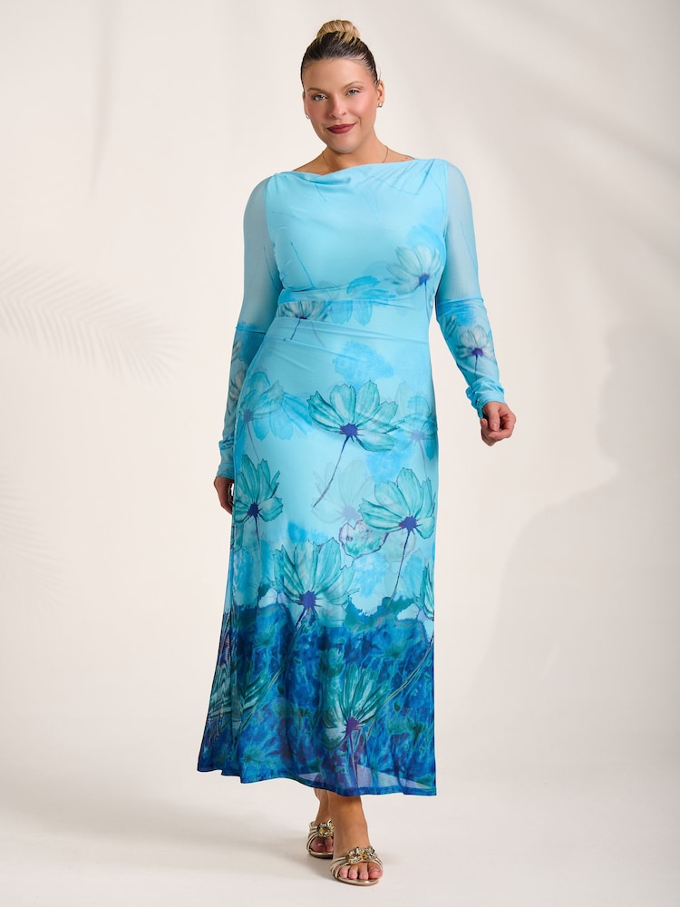 Jolie Moi Blue Long Sleeve Slash Neck Mesh Maxi Dress - Image 6 of 6