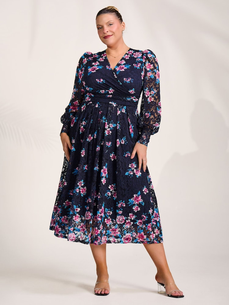 Jolie Moi Blue Long Sleeve Printed Lace Maxi Dress - Image 1 of 6
