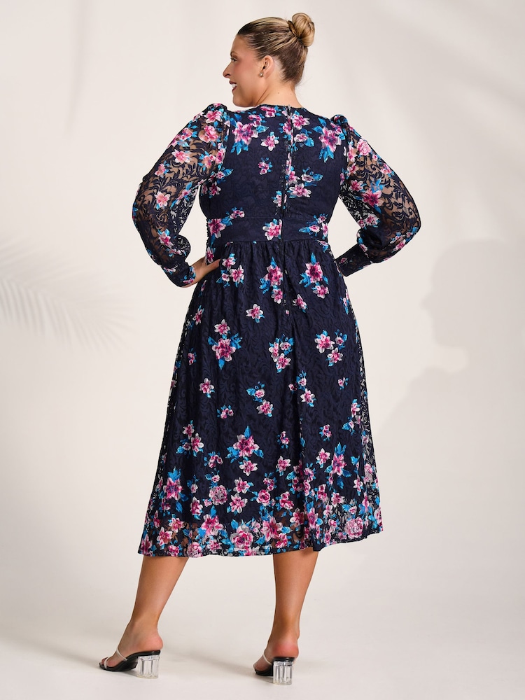 Jolie Moi Blue Long Sleeve Printed Lace Maxi Dress - Image 2 of 6