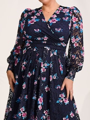 Jolie Moi Blue Long Sleeve Printed Lace Maxi Dress - Image 3 of 6
