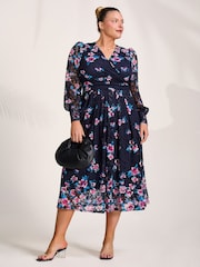 Jolie Moi Blue Long Sleeve Printed Lace Maxi Dress - Image 5 of 6