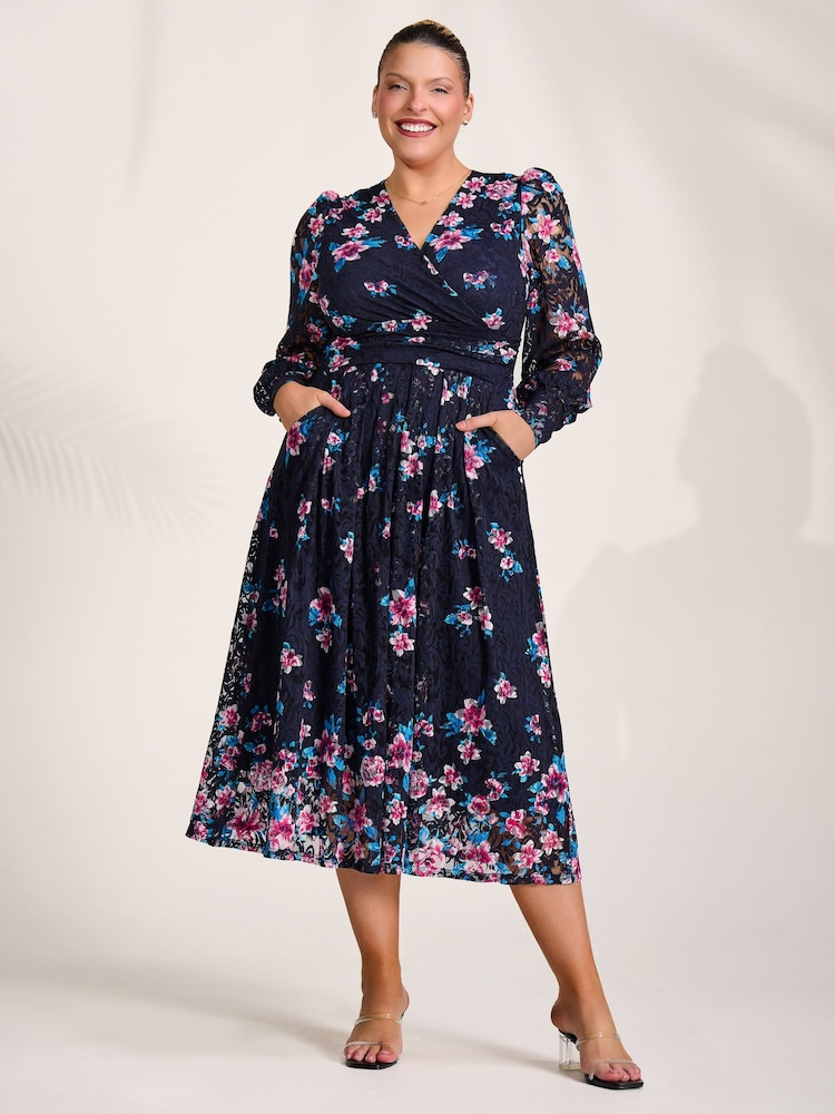 Jolie Moi Blue Long Sleeve Printed Lace Maxi Dress - Image 6 of 6