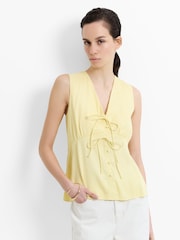 French Connection Yellow Candice Satin Bow Tie Up Top - Image 1 of 5