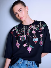 Berry Pink Christmas Bequin Boxy Crew Neck T-Shirt - Image 1 of 7