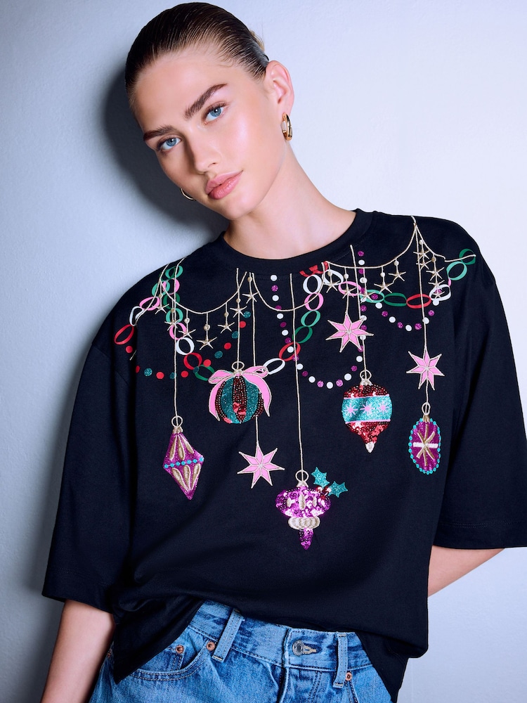Berry Pink Christmas Bequin Boxy Crew Neck T-Shirt - Image 1 of 7 Berry Pink Christmas Bequin Boxy Crew Neck T-Shirt - Image 1 of 7