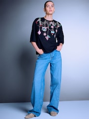 Berry Pink Christmas Bequin Boxy Crew Neck T-Shirt - Image 2 of 7