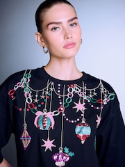 Berry Pink Christmas Bequin Boxy Crew Neck T-Shirt - Image 4 of 7