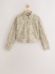 Green/White Stripe Heart Embroidered Cropped Oversized Boyfriend Shirt - Image 1 of 3