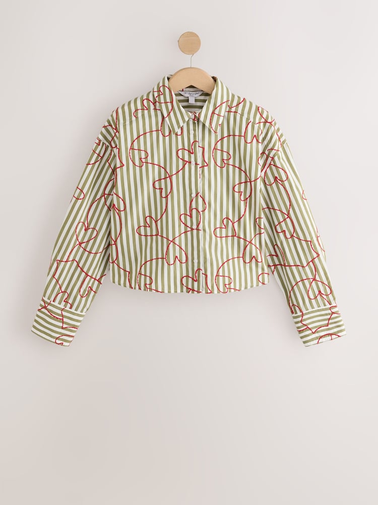 Green/White Stripe Heart Embroidered Cropped Oversized Boyfriend Shirt - Image 1 of 3