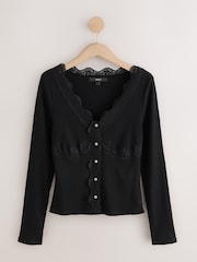 Black Long Sleeve V-Neck Ribbed Lace Trim Top - Image 1 of 3