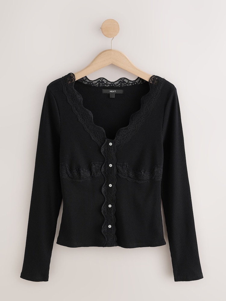 Black Long Sleeve V-Neck Ribbed Lace Trim Top - Image 1 of 3