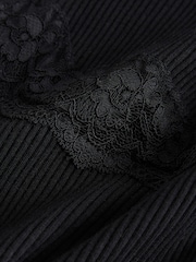 Black Long Sleeve V-Neck Ribbed Lace Trim Top - Image 2 of 3