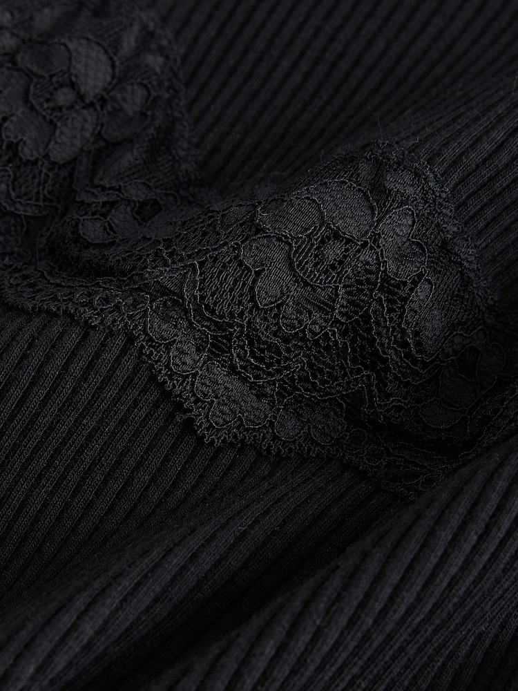 Black Long Sleeve V-Neck Ribbed Lace Trim Top - Image 2 of 3