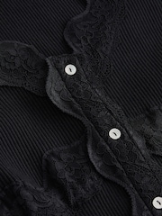 Black Long Sleeve V-Neck Ribbed Lace Trim Top - Image 3 of 3