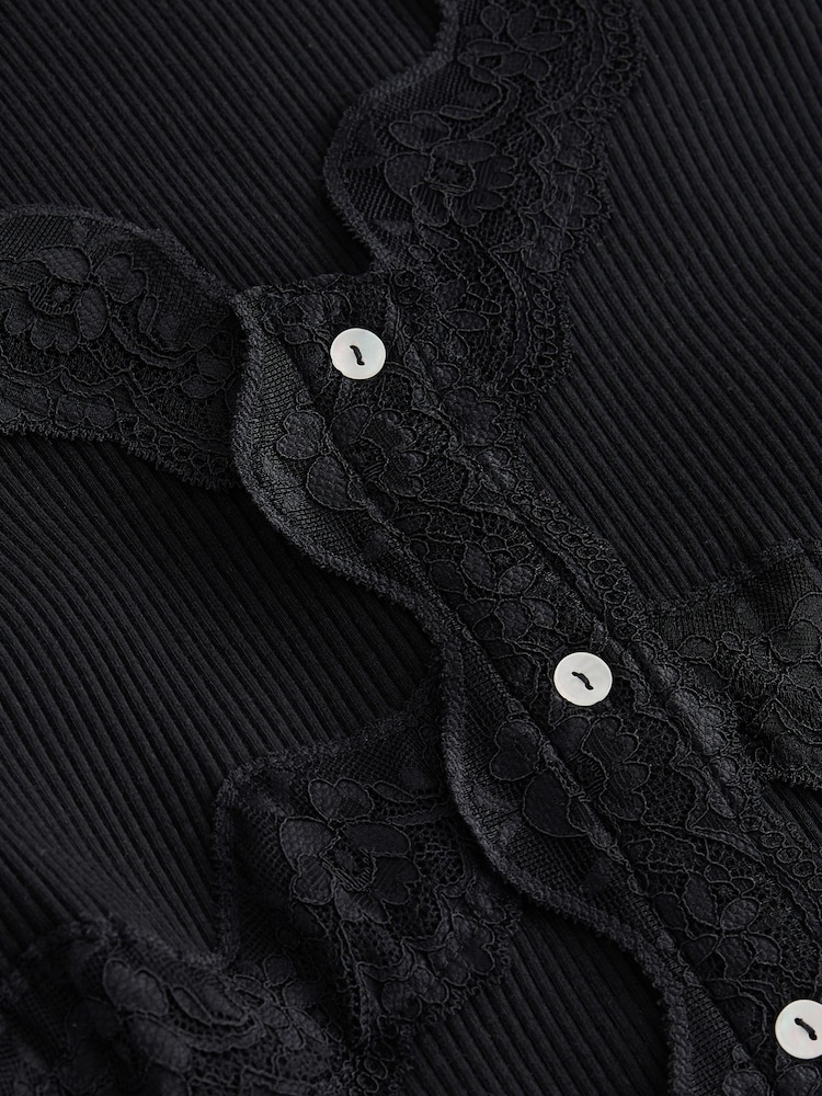 Black Long Sleeve V-Neck Ribbed Lace Trim Top - Image 3 of 3