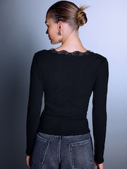 Czarny - Long Sleeve V-Neck Ribbed Lace Trim Top - Obraz 4 z 8