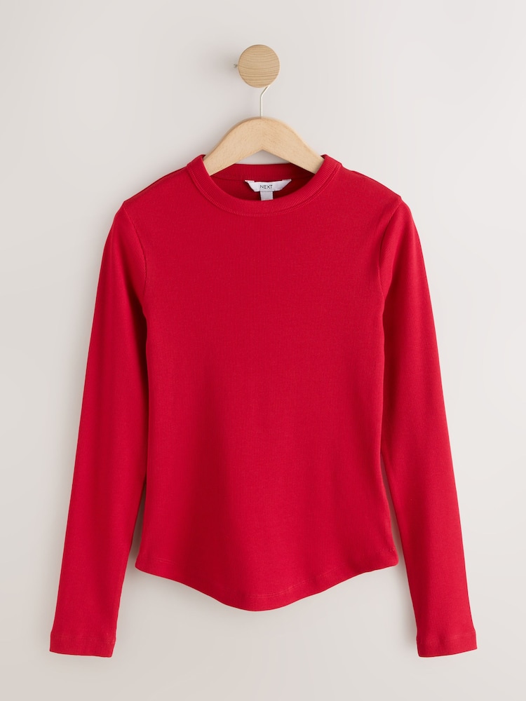 Red Long Sleeve Ribbed Crew Neck Top - Image 1 of 3 Red Long Sleeve Ribbed Crew Neck Top - Image 1 of 3