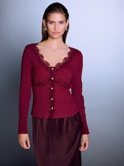 Wine Red Long Sleeve V-Neck Ribbed Lace Trim Top - Image 1 of 7