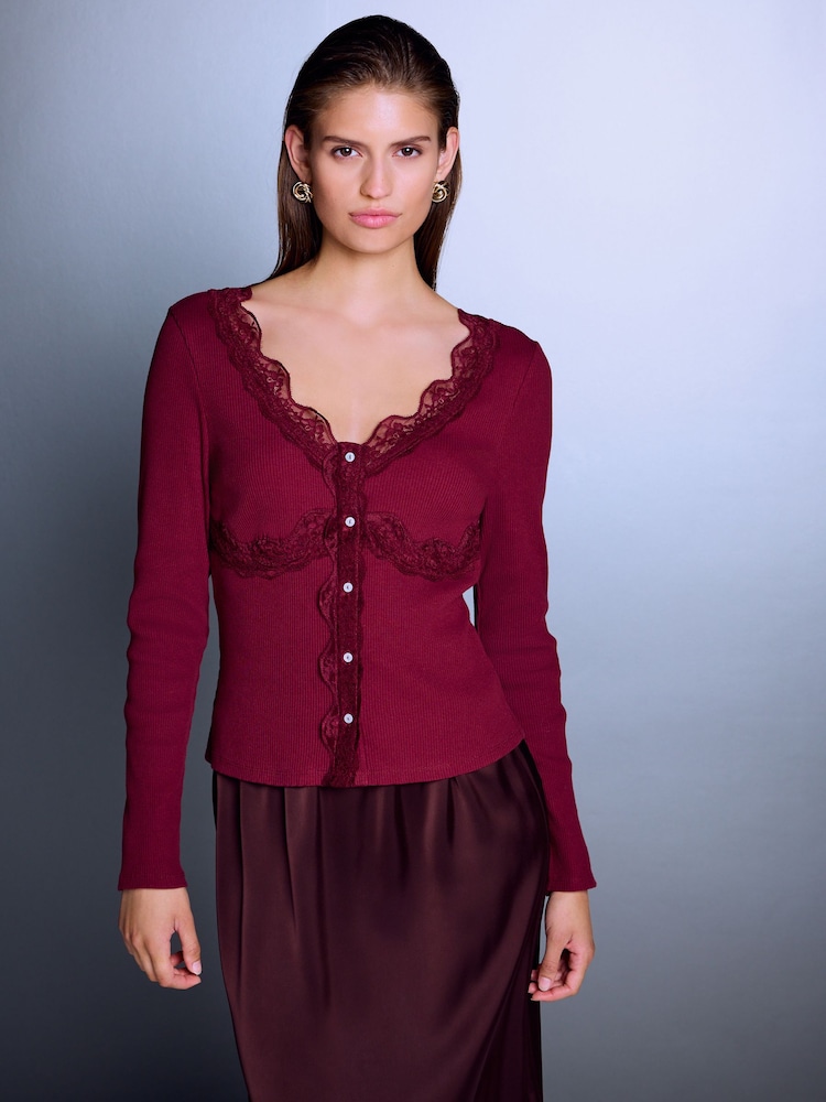 Wine Red Long Sleeve V-Neck Ribbed Lace Trim Top - Image 1 of 7