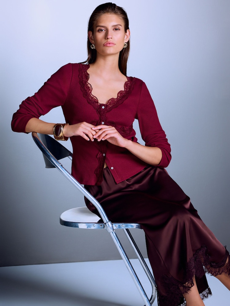 Wine Red Long Sleeve V-Neck Ribbed Lace Trim Top - Image 2 of 7