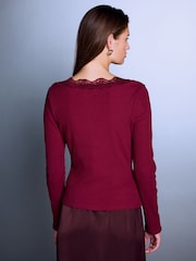 Wine Red Long Sleeve V-Neck Ribbed Lace Trim Top - Image 3 of 7