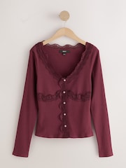 Wine Red Long Sleeve V-Neck Ribbed Lace Trim Top - Image 5 of 7